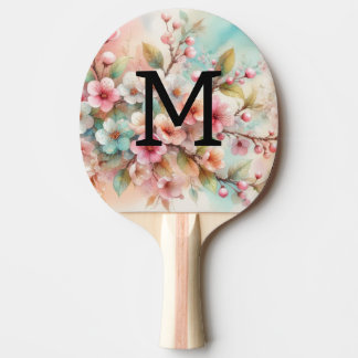 Raquete De Ping Pong Floral watercolor monogram pink cherry blossoms 