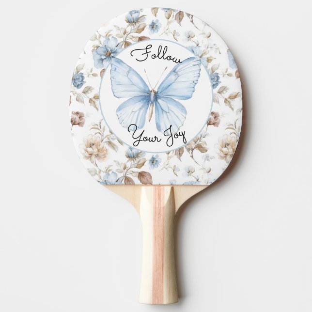 Raquete De Ping Pong Flores Azuis Românticas Folhas Marrons Borboleta (Frente)
