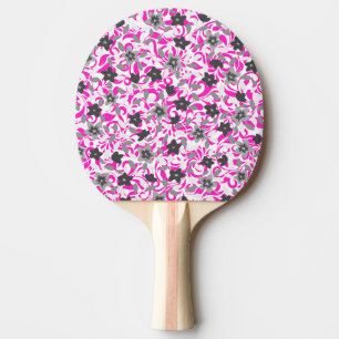 Raquete De Ping Pong Flores brancas de abstrato, cinza, cor-de-rosa
