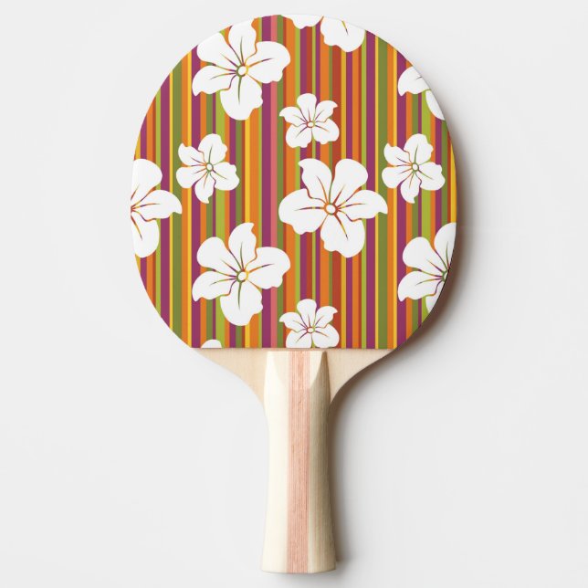 Raquete De Ping Pong Flores brancas em um fundo listrado (Frente)