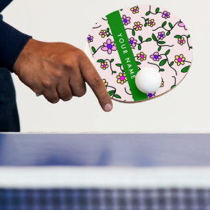 Raquete De Ping Pong Flores Coloridas, Fundo Rosa, Verde