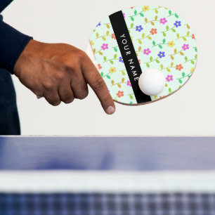 Raquete De Ping Pong Flores Coloridas, Fundo Verde Claro, Preto