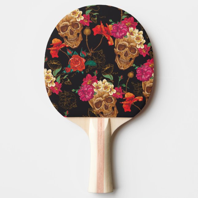 Raquete De Ping Pong Flores Do Crânio: Fundo Escuro Sem Olhos. (Frente)