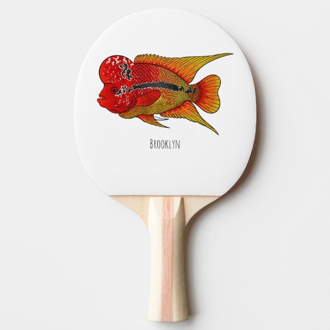 Raquete De Ping Pong Flowerhorn cichlid fish cartoon illustration (Frente)