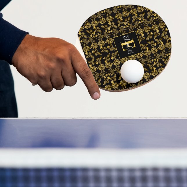 Raquete De Ping Pong Folha ouro e luxo negro | Monograma personalizado (Insitu)