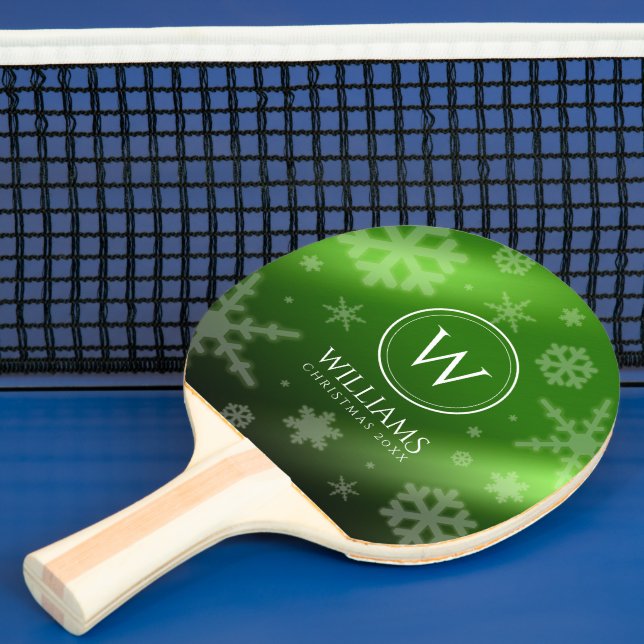 Raquete De Ping Pong Folha Verde Festiva Snowflakes Monograma Nome (Insitu)