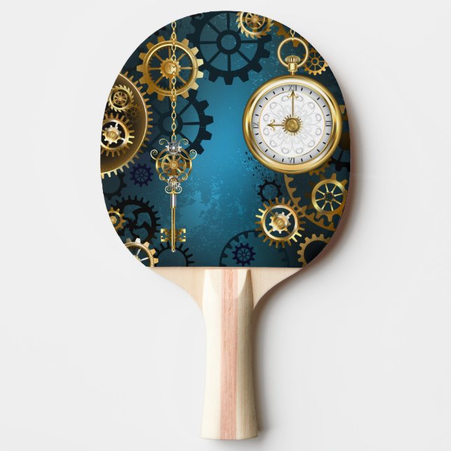 Raquete De Ping Pong Fundo de turquesa Steampun com engrenagens (Frente)