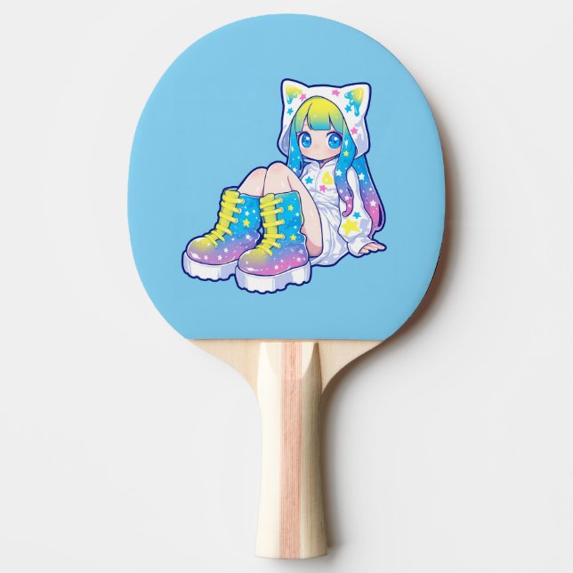 Raquete De Ping Pong Garota Kawaii de Arco-íris com Orelhas de Gato (Frente)