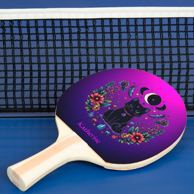 Raquete De Ping Pong Gata Preta Celestial Mística Roxo Rosa (Insitu)