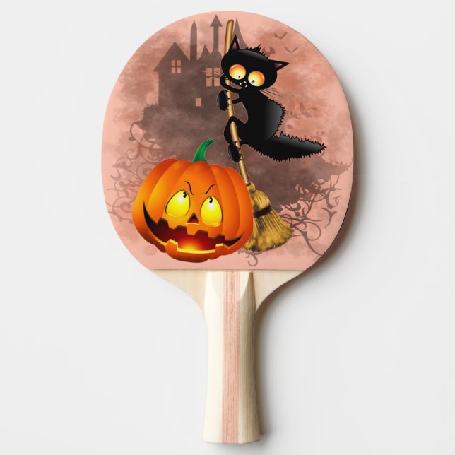 Raquete De Ping Pong Gato assustado com o personagem do Dia das Bruxas  (Frente)