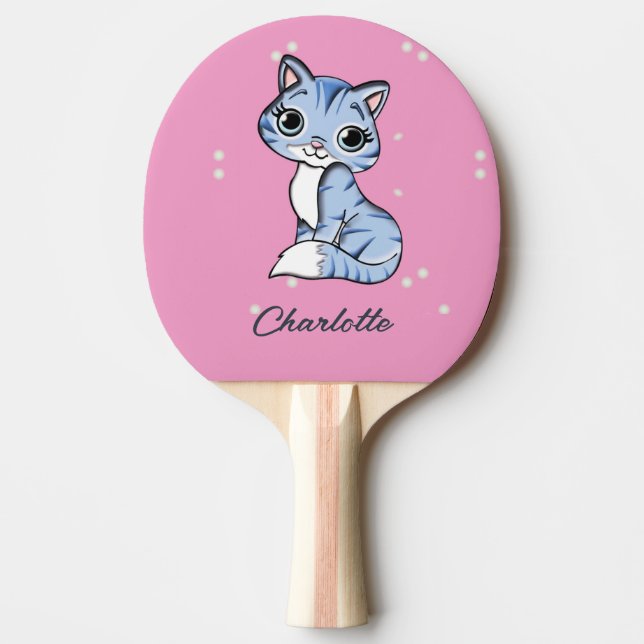 Raquete De Ping Pong Gato azul bonito com nome personalizado rosa (Frente)
