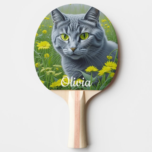 Raquete De Ping Pong Gato de Cinzas Cuecas com Olhos Amarelos Personali (Frente)
