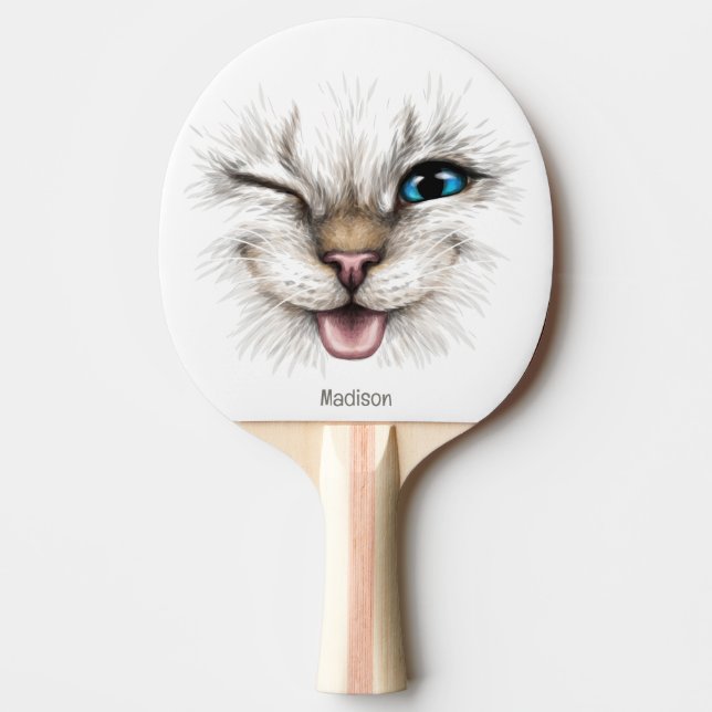 Raquete De Ping Pong Gato de Winking de Nome Personalizado (Frente)