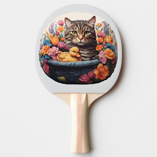 Raquete De Ping Pong Gato E Pato Engraçados Em Uma Cesta Com Flores (Frente)