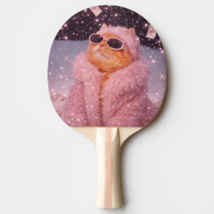 Raquete De Ping Pong Gato Glam Money com Casaco de Pelúcia Rosa e Óculo
