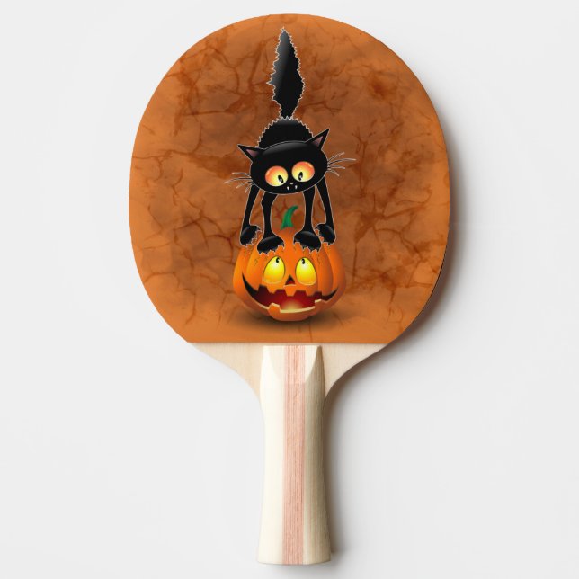 Raquete De Ping Pong Gato Halloween Caricatura Assustada na Pumpkin (Frente)