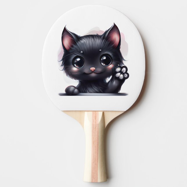 Raquete De Ping Pong Gato Preto Adorável Kawaii (Frente)