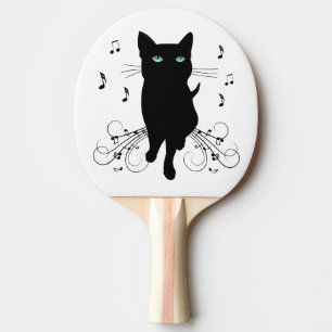 Raquete De Ping Pong Gato Preto Rodeado por Notas Musicais Sussurrantes