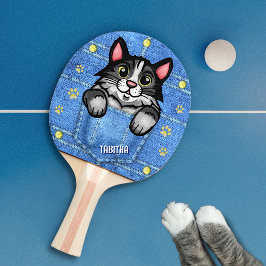 Raquete De Ping Pong Gato Tuxedo no bolso Faux Denim com nome personali