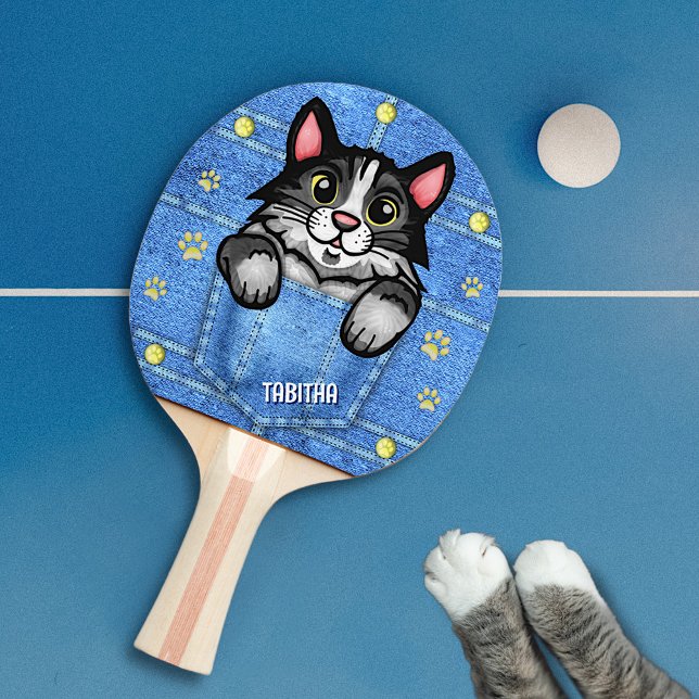 Raquete De Ping Pong Gato Tuxedo no bolso Faux Denim com nome personali (Criador carregado)