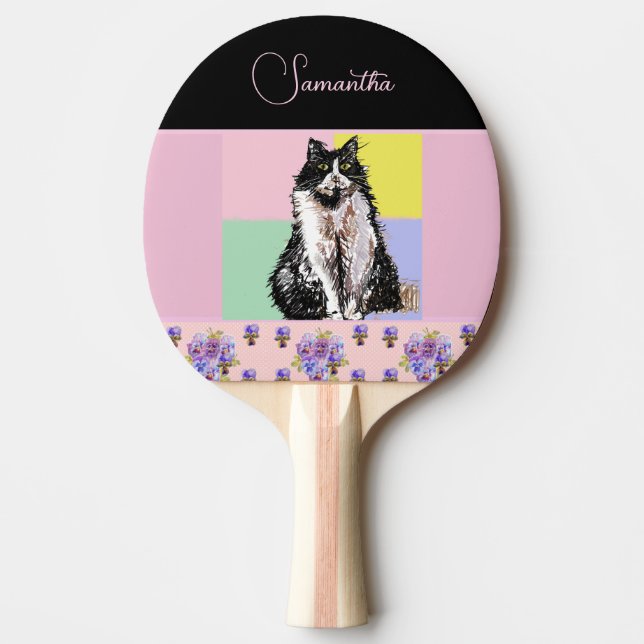 Raquete De Ping Pong Gatos de Gato Tuxedo Meninas Rosa Pastel Personali (Frente)