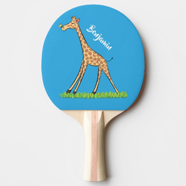 Raquete De Ping Pong Girafa bonita e feliz com cartoon de borboleta (Frente)