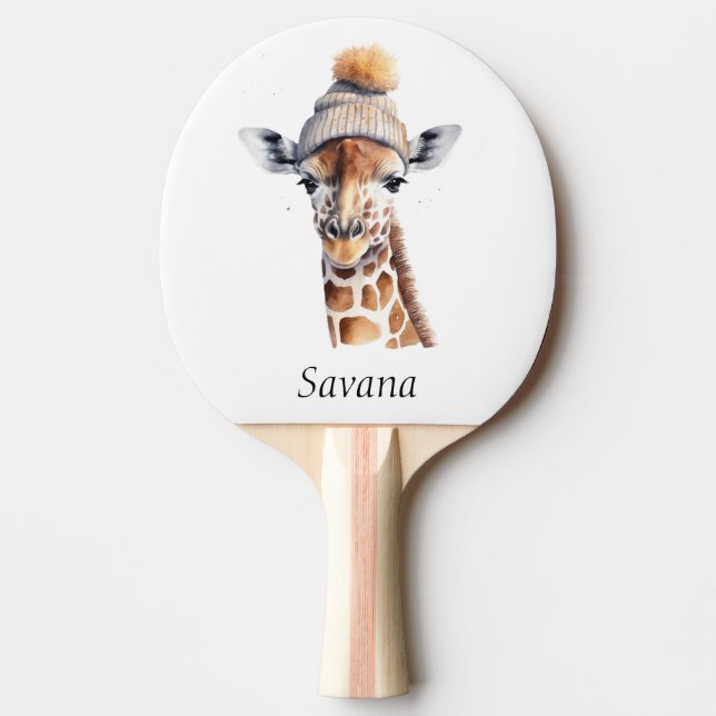 Raquete De Ping Pong Girafa vestindo chapéu de inverno personalizável P (Frente)
