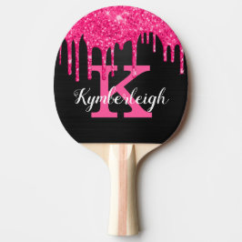 Raquete De Ping Pong Girly Black Hot Pink Glitter Drives Nome do Monogr