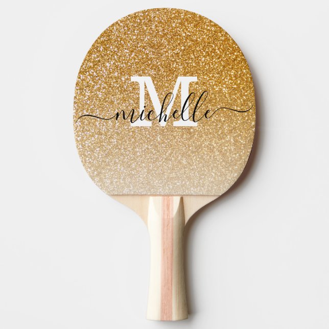 Raquete De Ping Pong Girly Chic Elegant Dourado Glitter Monograma (Frente)