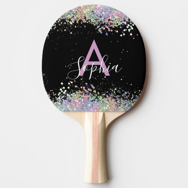 Raquete De Ping Pong Glam Holographic Glitter Monograma - Script Preto (Frente)