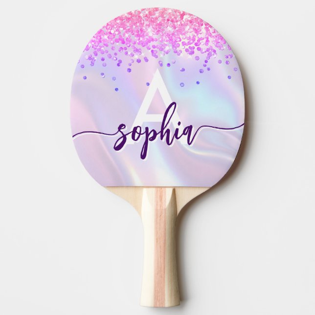 Raquete De Ping Pong Glam Pink Gold Glitter Monogram Script Purple (Frente)