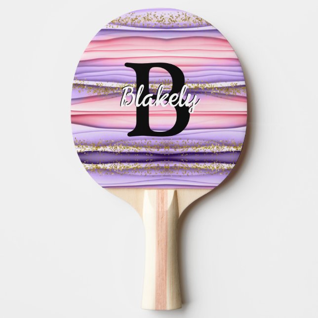 Raquete De Ping Pong Glitter Brilhante Cinza e Roxo (Frente)
