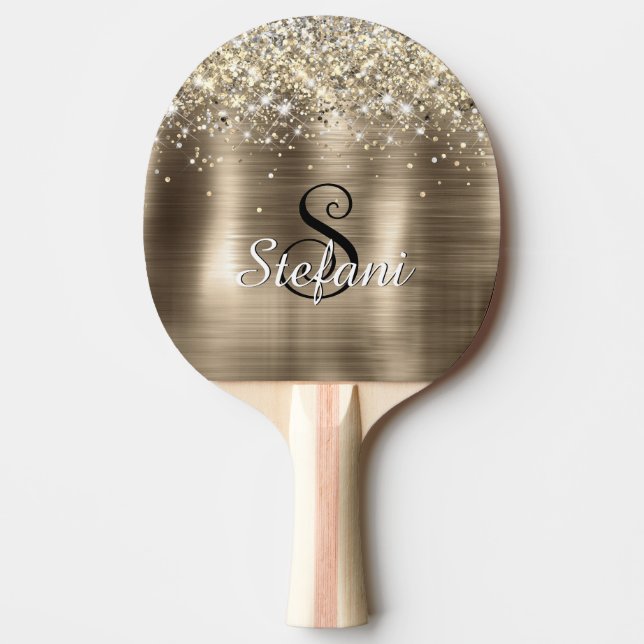 Raquete De Ping Pong Glittery Gold Foil Faux Glitter Monogram (Frente)