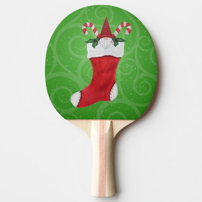 Raquete De Ping Pong Gnome com chapéu vermelho no Natal em verde (Frente)