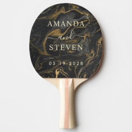 Raquete De Ping Pong Gold Black Marble Couple Names with Wedding Date
