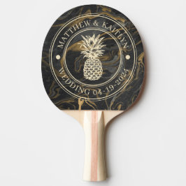 Raquete De Ping Pong Gold Black Marble Pineapple Wedding Crest & Names