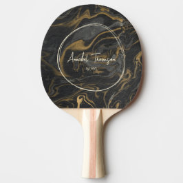 Raquete De Ping Pong Gold Black Marble Swirl Name in Drawn Circle 