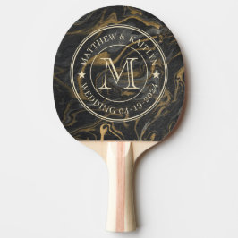 Raquete De Ping Pong Gold Black Marble Swirl Wedding Monogram Star