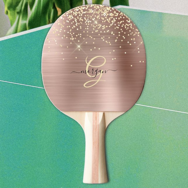 Raquete De Ping Pong Gold Glitter, Gold Monogram, Black Script Name (Criador carregado)