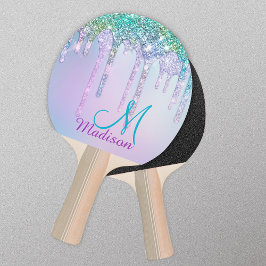 Raquete De Ping Pong Gotas de Brilho Arco-Íris de Turquesa Cuta Unicórn