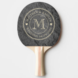 Raquete De Ping Pong Granito Moderno Pedra Coração Monograma Casamento 