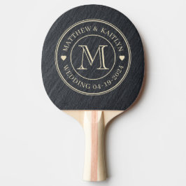 Raquete De Ping Pong Granito Preto Liso Monograma de Coração para Casam