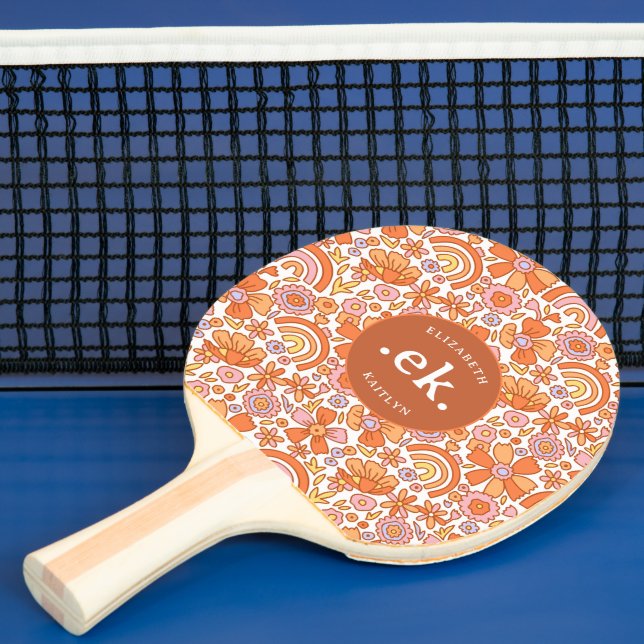 Raquete De Ping Pong Groovy Retro Orange Florals Monograma (Insitu)