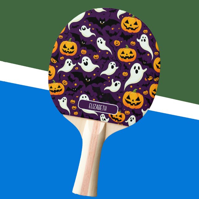 Raquete De Ping Pong Halloween Name Bats Pumpkin Purple Patterno luxo (Halloween Name Bats Pumpkin Purple Pattern luxury Ping Pong Paddle)