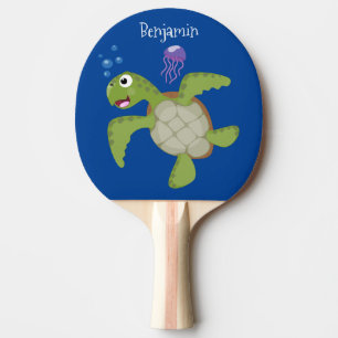 Raquete De Ping Pong Ilustração animada feliz da tartaruga verde-branca