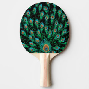 Raquete De Ping Pong Ilustração com Penas Pavão em Preto