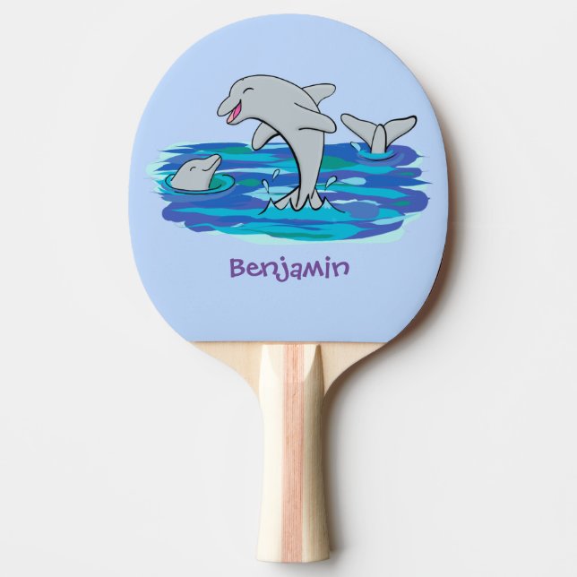 Raquete De Ping Pong Ilustração de desenho animado de golfinhos alegres (Frente)