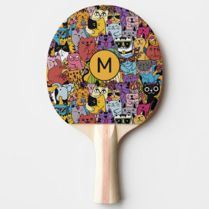 Raquete De Ping Pong Ilustração de Gatos Engraçados com Monograma Perso