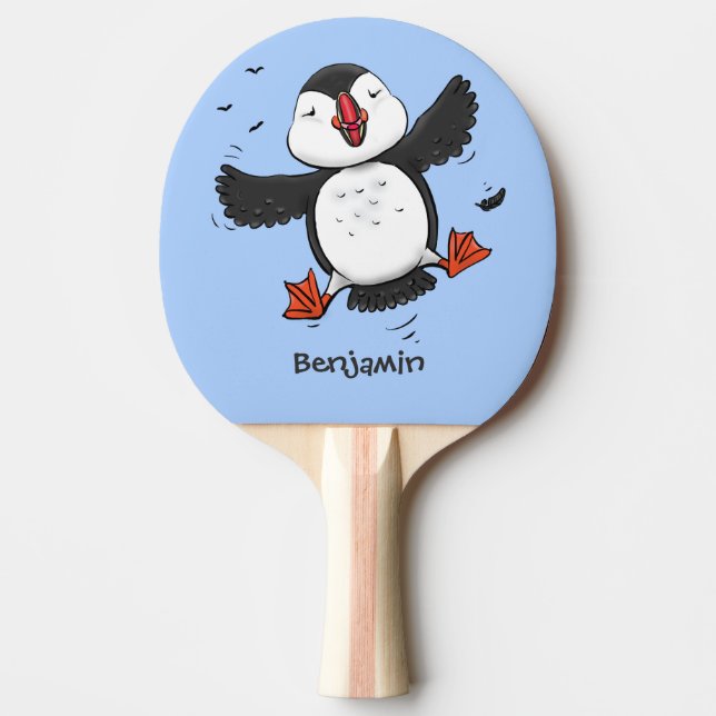 Raquete De Ping Pong Imagem azul de desenho animado de puffin voador e  (Frente)