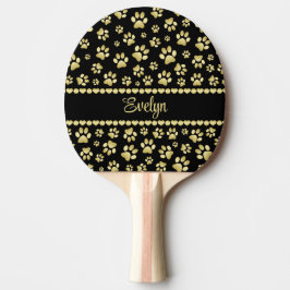 Raquete De Ping Pong Impressões de Pata Douradas em Preto com Nome Pers